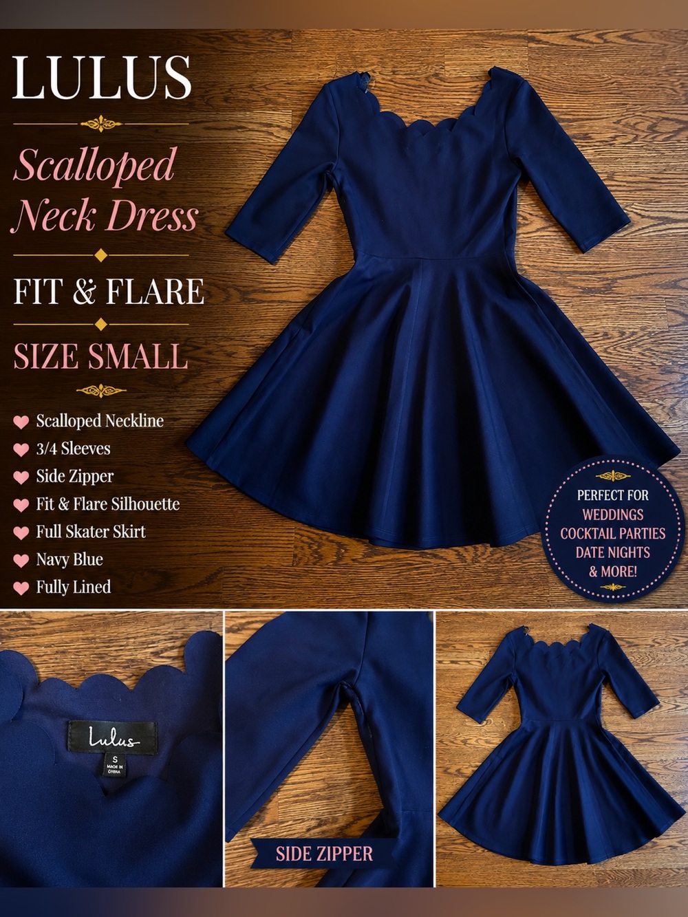 Lulus Navy Scalloped Neck Fit & Flare Dress Size Small 3/4 Sleeve Side Zip